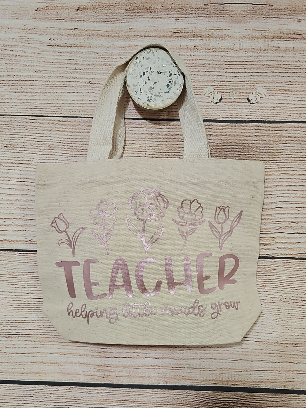 💟 Metallic Pink Print Floral "Teacher" Canvas Mini Tote Bag